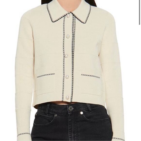 Sandro Lore Knit Cropped Button Front Cardigan Cream Size Small - Picture 2 of 10